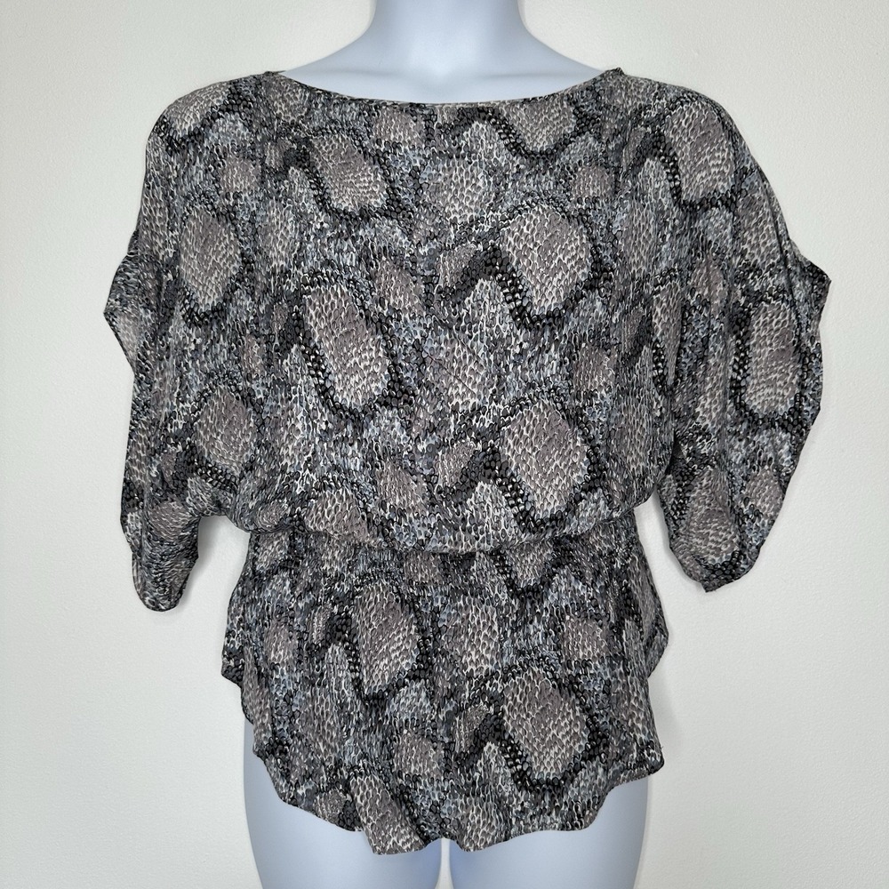 Parker Silk Blouse Animal Print Peplum Smocked Waist Size L